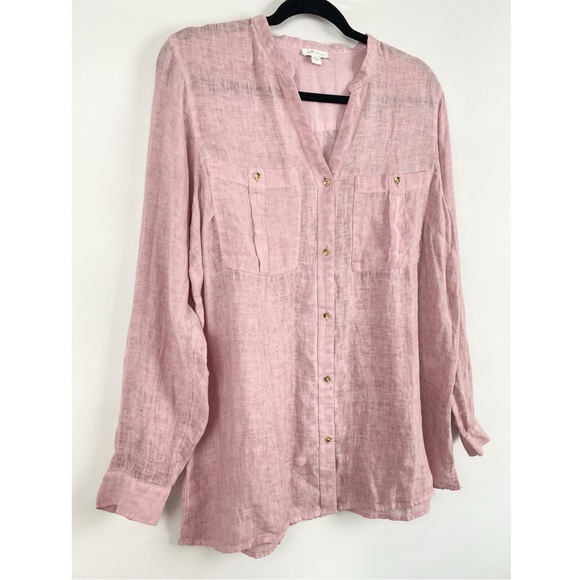 J Jill Love Linen Garment Dyed Tunic Button Up Shirt, Light Pink Tulip - Size M - Picture 5 of 12